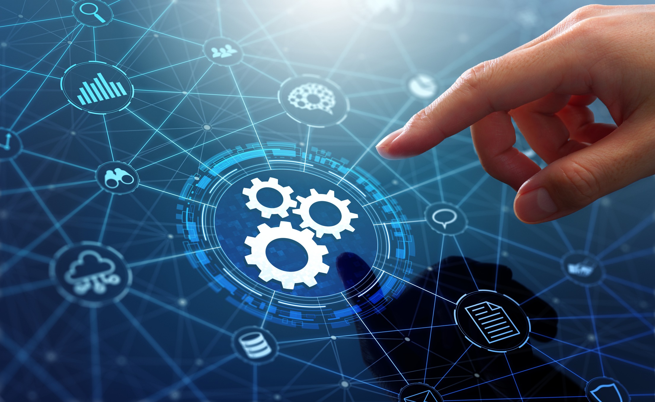 Businessman touching gears icon on network connection.