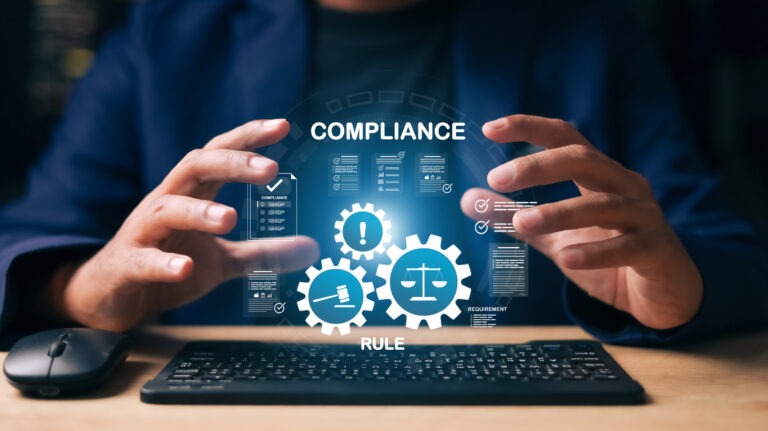 Businessman managing compliance and regulatory rules with digital interface. Corporate governance, risk management, legal requirement and audit checklist concept.