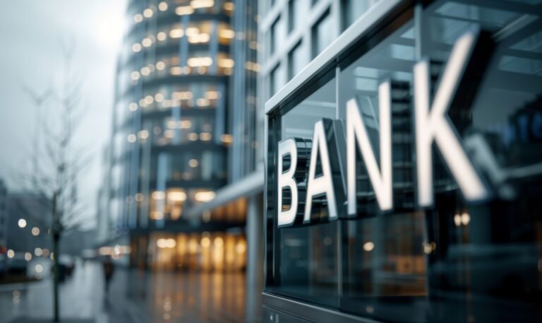 A person walks into a modern bank building in a city. The building has glass walls and a large BANK sign above the entrance.
